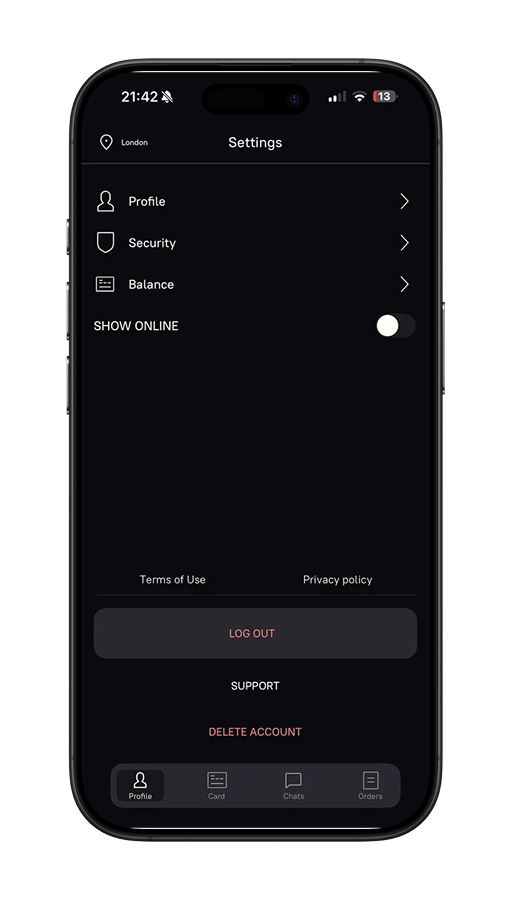 Profile settings — Show Online toggle